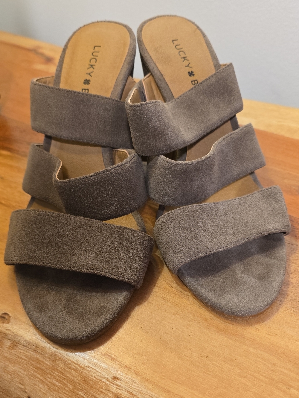 Lucky Brand Minna Taupe Suede Triple-Strap Mule Sandals